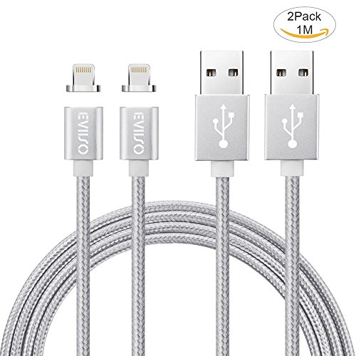 Magnetisches iPhone Lightning Kabel Ladekabel,EVIISO Apple PowerLine 2.4A 1M/3.3ft Nylon Magnetic Adapter,USB Charger Ladekabel Lade Sync Daten,Magnetisch Stecker für iPhone 7,7 Plus,6S,6S Plus,6 Plus,6,5S,5C,5,SE,iPad,iPad Mini,Air iPod (2 Pack Silber)