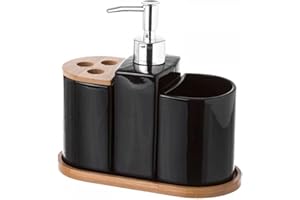 HOGAR Y MAS Juego de Baño de 3 Piezas, realizado en Cerámica y Bambú, de Color Negro. Diseño Limpio, con Estilo Minimalista - Hogar y Más