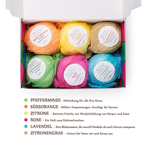 Anjou Badebomben Badekugeln 6er Geschenkset, 6x100g (Jojobaöl, Sheabutter, Aromatherapie, Entspannung, Pflegend, Ätherische Öle von Pfefferminze/Süßorange/Zitrone/Rose/Lavendel/Zitronengras) - 2