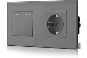 BSEED Interruptor de luz de cristal y enchufe europeo de CA de 16 A, interruptor de pared de cristal de 2 compartimentos y 2 vías, color gris