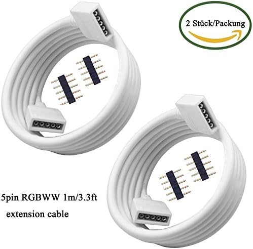 HooyaStark 2x SMD5050 RGBW 5pin LED Strip 1m/3.3ft Extension Cable Connector with 5Pin Solderless Plug,5-pin RGB+W LED Tape Light Layout Extension Cable Adaptor Connector (2 pcs/pack)
