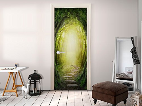Türtapete XL 80×210 cm ! Premium Vliesleinwand mit Samt Haptik! Fototapete Tapete Türpanel Türposter Tür Foto Bild Design Bäume Weg Natur grün gelb c-B-0197-a-d - 3