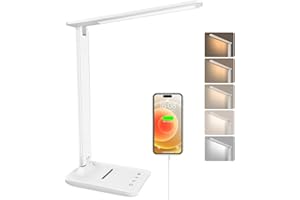 joyshie lámpara Led Escritorio, Flexo de Escritorio con luz nocturna, lampara de escritorio con control táctil, Puerto de carga USB, 5 niveles de luminosidad 5 modos (blanco)