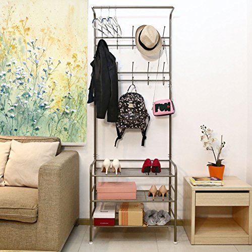 HOMFA Kleiderständer Schuhregal Garderobenständer Garderobenhaken Flurgarderobe Garderobenmöbel 3 Ablagefächer Schuhablagen mit 20 Haken,68.5x34x190cm(Champagnerfarbe) - 6