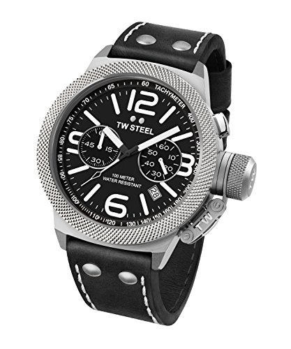 TW Steel Canteen Leather  Quartz Watch with Black Dial Chronograph Display and Black Leather Strap CS4