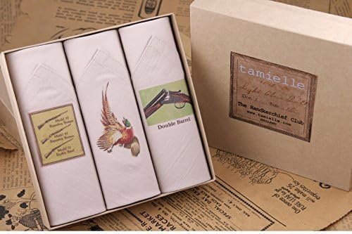 Tamielle - Set of Three Mens White handkerchiefs with Different Shooting Motifs - 40cm x 40cm - Lovely Presentation and Ethically Produced