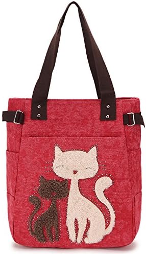 Canvas Tote Bag for Women School Work Travel Lovely Cat Tote Bag Casual Handbag Shopping Bag Shoulder Bags (Red)