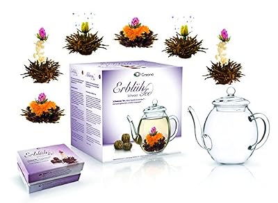 Abloom-Tea Mix de fleurs de thé Creano - Coffret cadeau- « Floraison » -avec théière en verre | Thé noir 6 thés fleuris en (3 sortes différentes de roses de thé)