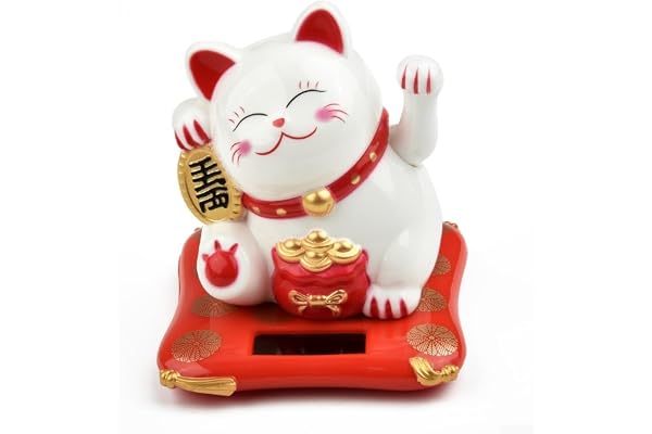 Figurine de chat porte-bonheur Maneki Neko japonaise fonctionnant à l'énergie solaire de 2,5 pouces, main agitée, symbole japonais, décor de tableau de bord de voiture, de bureau à domicile (blanc)