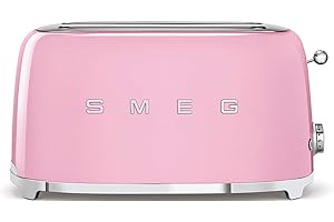 Smeg, Grille-pain 4 Tranches TSF02PKEU, 2 Fentes 36 mm, 6 Niveaux de Brunissage, Fonction Chauffage, Décongélation et Bagel, Éjection Automatique du Pain, Ramasse Miettes, 1500 W, Rose