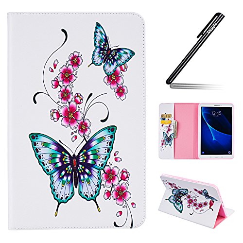 Galaxy Tab A 10.1 Hülle Case,Galaxy Tab A 10.1 Ledertasche,Ukayfe Muster Schutzhülle Leder Tasche für Samsung Galaxy Tab A 10.1 Zoll 2016 T580N/T585N,Bunte Retro Muster Drucks Blumen Slim Fit Folio PU leder Flip Cover im Bookstyle Kunstleder Schutzhülle Cover Tasche mit Ständer für Samsung Galaxy Tab A 10.1 Zoll 2016 T580N/T585N mit 1 x Schwarze Eingabestift (Blau Schmetterling Lila Blumen)