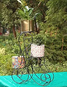 Justoriginals 3 Pots Iron Planter Stand Design1(Color:Black)