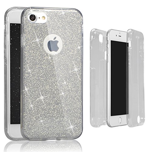 Fundas Completas para iPhone 8  Vandot Caso para iPhone 8 Full Body Smart Cover de Bling Glitter Gel Silicona TPU Transparente Carcasa 360 Ultra Slim Thin TPU Doble Frontal y Trasera Funda Protectora Completo integral Cubierta Cobertura para iPhone 8 - Silver Plata