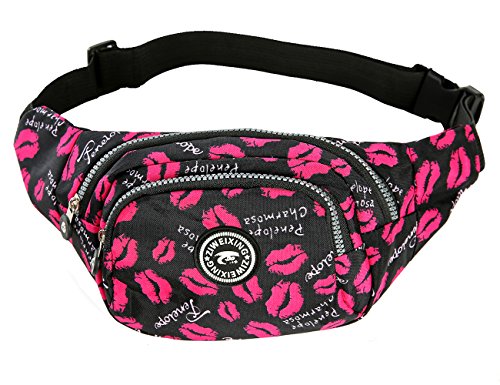 iSuperb Ceinture de Toile Multifonction 4-Zipper Fanny Pack de Sac de Taille Avec sangle réglable pour Running Fitness Cyclisme Randonnée Voyage Camping Sports (Labios Rojos)