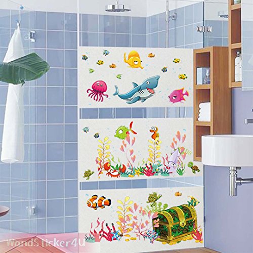 WandSticker4U- Wandtattoo „Unterwasserwelt mit Schatztruhe“ bunt | Effektbild: 122x68cm | Aquarium Fische Hai Unterwasser See Ozean | wasserfeste Wandsticker Fliesen Sticker Deko für Kinderzimmer Kinder Badezimmer Bad GROSS - 4