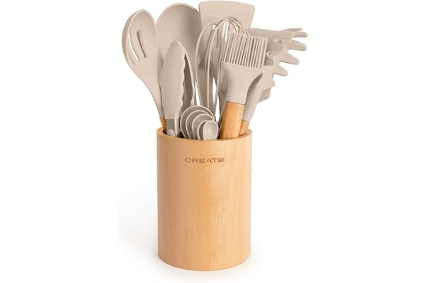 CREATE/Set d'utensiles de cuisine Sable et bois / 11 Utensiles de cuisine en silicone et bois hêtre naturel, sans BPA, jusqu'à 230°C