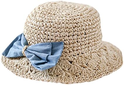 TRENDY XU Summer Handmade Kids Straw Hats Bowknot Visor Hat Baby (21.2"(4-8 Years Old), Blue)