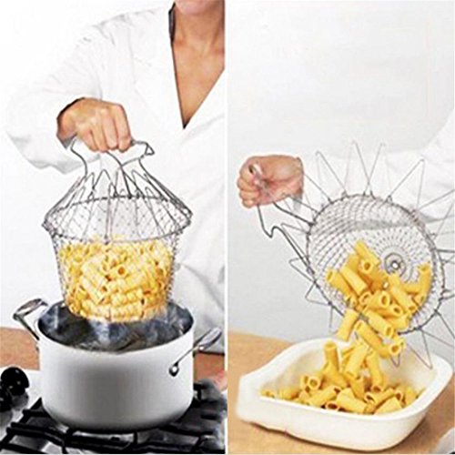 Chef-Kochen, Bratkorb Netz,Edelstahl Faltbare New Küchenhilfe 9.4 x 5.5in Professionell für Easy Fry, Dampf, Spülen, Strain und Lagerung, Kochen Korb - 7