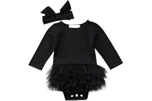 Carolilly Pagliaccetto Neonata Bimba in Tulle Body Neonato Manica Lunga Tutina Neonata Cotone Nero+Fascia(da 0 a 24 Mesi)