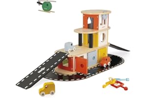 Janod - Garaje de Madera Bolid - Incluye 3 Coches y 1 Helicóptero - Caja de llaves - Imaginación y Motricidad - Certificado FSC - Pintura al Agua - A partir de 2 Años, J04636