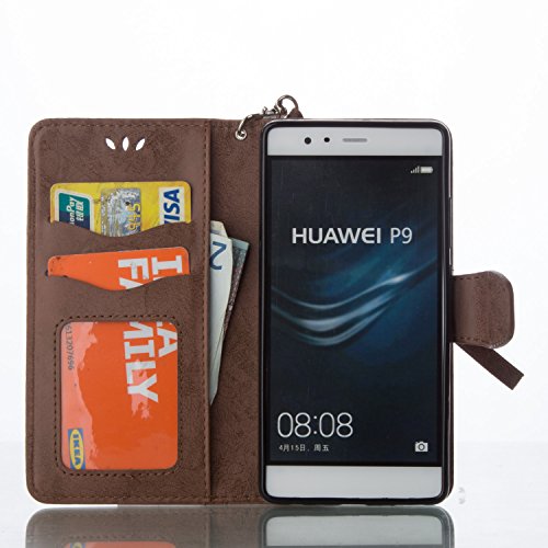 P9 Hülle,Huawei P9 Hülle,Huawei P9 Case,Cozy Hut Huawei P9 Hülle Muster,Handy Case Cover Tasche for Huawei P9, Bunte Retro Blumen Herz der Liebe Muster Druck Buch-Stil Bookstyle Flip Magnetverschluss Brieftasche Geldbörse Wallet Kreditkarte ID Card Slots PU Leder Beschützer Haut Schutzfolie Schutzhüllen Case Tasche Hülle Etui Schale Ständer Hülle Case mit Weich TPU Innere Hülle Case für Huawei P9 – braun - 3