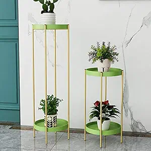 Weston Crafts 2 Tier Decorative Metal Tall Plant Stand with Two Removable Trays, Fold able Plant Holder for Living Room, Gold Stand,Green Trays