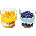 VL 2PCs Yogurt Pots Reusable 500ml Yoghurt Container with Spoon & Fork BPA free Breakfast Pots to GO Muesli Cereal On the Go Dishwasher Safe Lunch Box Oatmeal Jars, Set of 2 (Grey, Yellow)