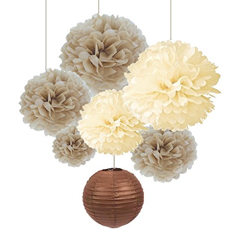SUNBEAUTY 7er Set Braun PomPoms Lampion Dekoration für Hochzeit Zimmer Deko