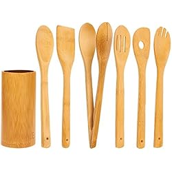 Juvale Lot de 7 pièces en bambou Ustensiles de cuisson - Cuisine composé de solide Turner, cuillère, Écumoire, pince, spatule avec trou, et Porte-ustensiles, Marron