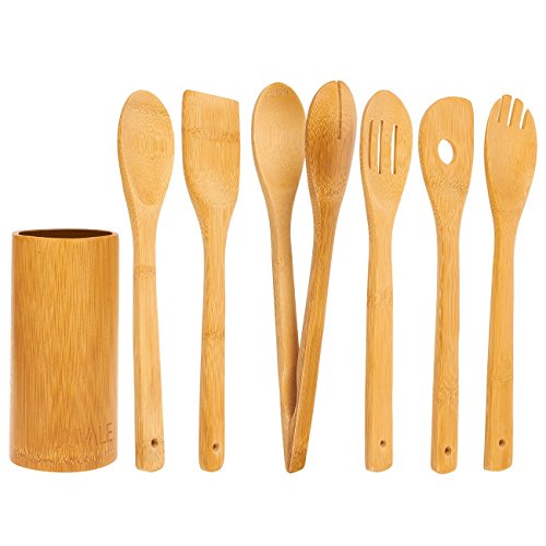 Juvale Lot de 7 pièces en bambou Ustensiles de cuisson - Cuisine composé de solide Turner, cuillère, Écumoire, pince, spatule avec trou, et Porte-ustensiles, Marron