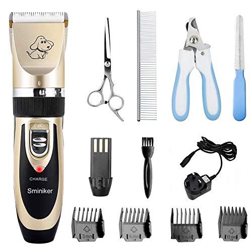 Sminiker Pet Grooming Clippers Low Noise Dog Clippers Cordless Pet Clippers Rechargeable Pet Hair Shaver Professional Electric Clippers Grooming Trimmer Kit for Small Medium Large Pets