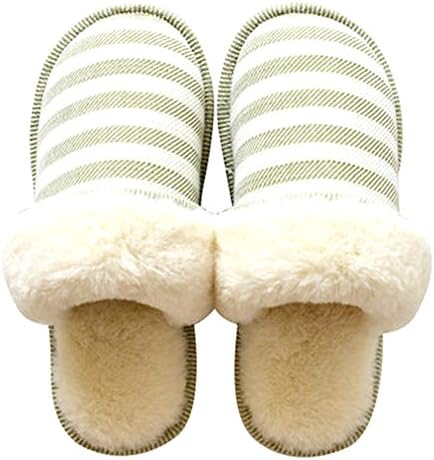 Buzede Japanese Style Cotton Winter Thick Coral Velvet Couple Slippers Female/Male Home Indoor Toilet Waterproof Green Stripe