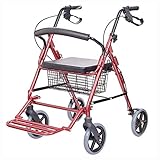 Days-Pro Rollator 4 roues pliable marcheur avec siège rembourré, poignée et panier ergonomiques,vieux caddie, meilleur cadeau,Chariot de marche léger en aluminium, rouge