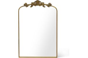 Awhtixbo Antyczne złote barokowe lustro z łukowym wzorem – okrągłe lustro ścienne w stylu vintage, do przedpokoju, salonu i łazienki, wymiary: 60 x 90 cm