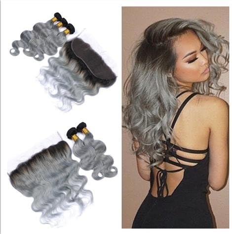 Sexyqueenhair Grey Ombre Hair Weave With Lace Frontal Closures Ombre 1b/Silver Gray Brazilian Human Hair With Lace Closures For Full Head Style (16"18"20"+16")