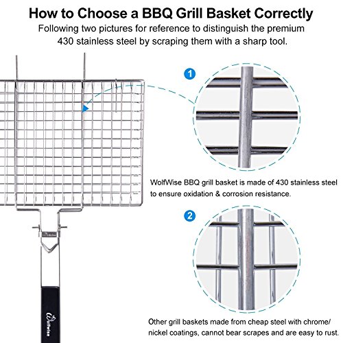 WolfWise Grillkorb Fischbräter, Gemüsekorb Burger Grillwender, Grillrost Grill Basket mit Holzgriff, aus 430 Edelstahl Abziehbar - 5