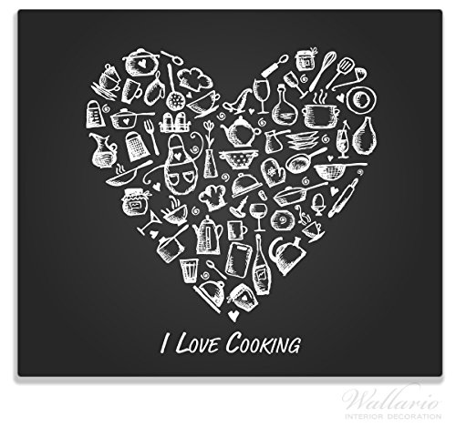 Wallario Herdabdeckplatte / Spitzschutz aus Glas, 1-teilig, 60x52cm, für Ceran- und Induktionsherde, I Love Cooking - Herz aus Küchenutensilien in schwarz weiß