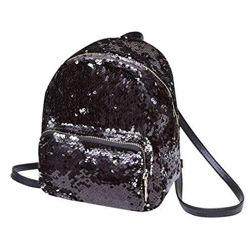 Preisvergleich Produktbild Mädchen Pailletten Leder PU Schultasche VENMO Umhängetasche Damen Umhängetasche Bling Kupplung Handtasche Schultertasche Schulrucksäcke für Frauen Damenmode Pailletten Rucksack Umhängetasche (Black)