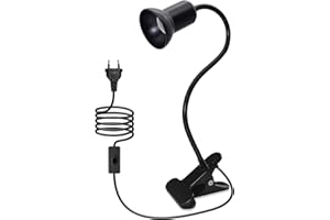 LAKONEI Lampada da Lettura con Pinza Lampada da Scrivania a Clip LED con 40cm Collo di Cigno Flessibile Luce da Letto a Clip con 220cm Cavo E27 Lampada a Morsetto per Rettili, Max 75W (Switch-Nero*1)