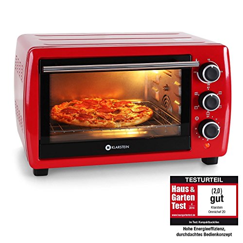 Klarstein Omnichef 20 | Mini Backofen / Mini Ofen / Pizzaofen / Tischbackofen / Hähnchengrill / Grillofen aus Edelstahlgehäuse |ideal für kleine Haushalte, Ferienwohnungen oder Gartenlauben | mit Umluft- und Drehspießfunktion | 1380 Watt Leistung | 21 Liter Garraum | inkl. Grillrost, Hähnchenspieß und Backblech | Farbe: Rot