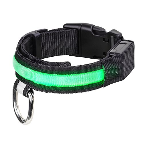 Pawaboo LED Collarín de Perro - Adjustable Brillante Dog Safety Collar de 11.8 - 15 Pulgadascon POM Rápido Hebilla para Paseos Nocturnos, Mejorar la Visibilidad y la Seguridad del Perro, Verde