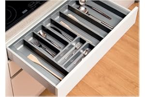 AZERODESIGN Cubertero recortable para cajón de cocina color gris, para ordenar cubiertos y utensilios de cocina material PVC profundidad de 473mm y altura de 45mm (519mm ancho)