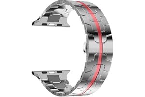 MaKTech Opaska na Nadgarstek ze Stali Nierdzewnej,Cienki,Solidny,Wklęsły i Wypukły,Inkrustowany Metalowy Pasek,Kompatybilny z Apple Watch Series 9/Ultra 2/SE/8/7/2023 (45mm/44mm/49mm,Srebrny/Czerwony)
