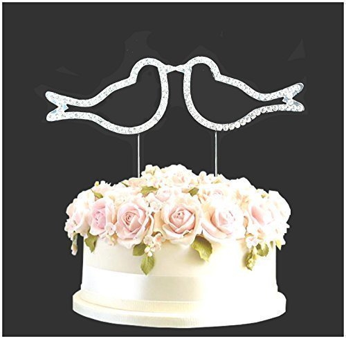 Rhinestone 'Kissing Doves' Silver Birds Wedding Cake Topper Number Pick Happy Birthday Anniversary Diamante Gems Decoration Celebration