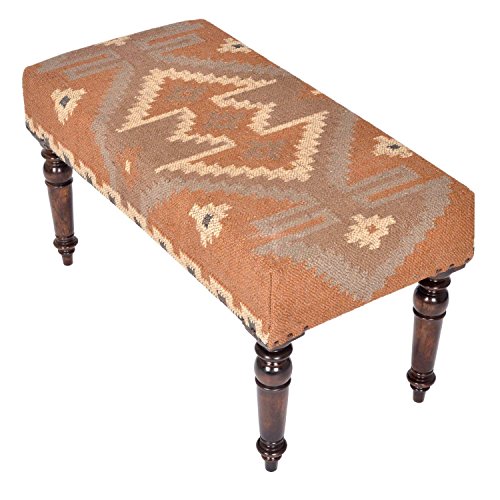 Homescapes Upholstered Kilim Bench Footstool or Rectangular Coffee Table Red Handmade Solid Wood Frame with Traditional Hand woven Wool Rug Cover