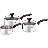 Tefal Comfort Max Set of 3 Saucepans + 2 Lids, Stainless Steel | 3 Saucepans 6.3/7.1/20 cm + 2 Lids, Non-Stick Coating, Therm