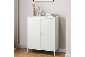 skølm Atria Metall Kommode – Sideboard in Weiß – Metallschrank mit 3 Fächern & Doppeltüren – Mehrzweckschrank mit flexiblen Einlegeböden – Industrial Highboard – Aufbewahrungsschrank/Flurschrank