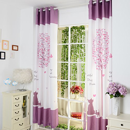 GWELL Süß Baum Druck Vorhang Schal mit Ösen TOP QUALITÄT Gardine für Kinderzimmer Schlafzimmer grün lila 1er-Pack