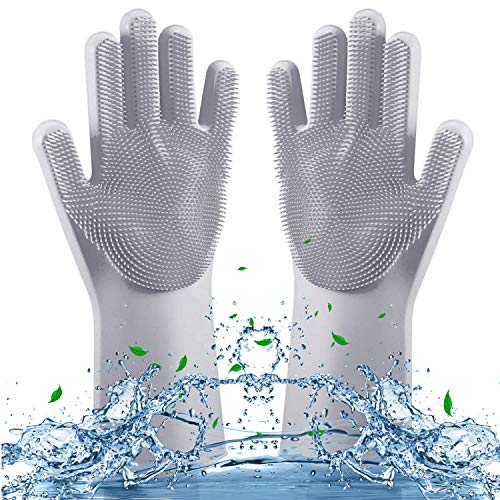 ROTTAY Guanti di Silicone, Dishwashing Gloves, Magico Guanti per Lavapiatti con Lavaggio Scrubber Spazzola per la Pulizia Riutilizzabile Resistente, Pulire la Cucina (Grigio)