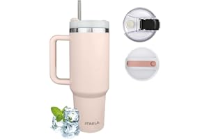 STARLA Kubek termiczny ze słomką i uchem o pojemności 1,2 l, 2 pokrywki, szczelny, ze stali nierdzewnej, kubek termiczny do kawy, kubek na wodę, kubek podróżny, kubek do picia z uchwytem (różowy